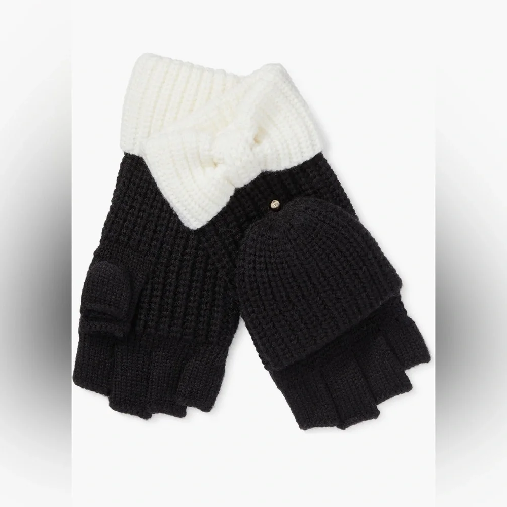 Kate Spade Bow Cuff Pop Top Mittens in Black and Cream